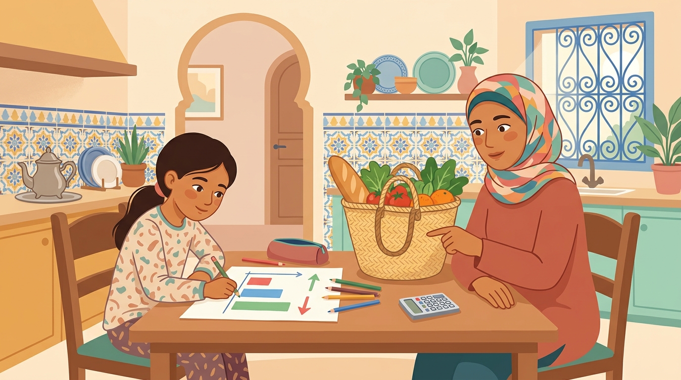 À la table de la cuisine, une fille dessine un graphique avec des flèches pendant que sa maman montre un panier de courses
